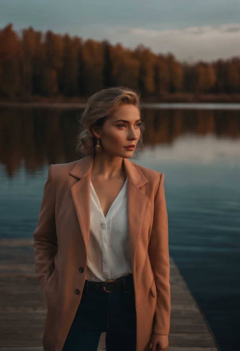 woman standing by a lake in tan jacket, in the style of realistic, emotive portraits, gongbi, light red and blue, uhd image, y2k aesthetic, retro glamor, stockphoto