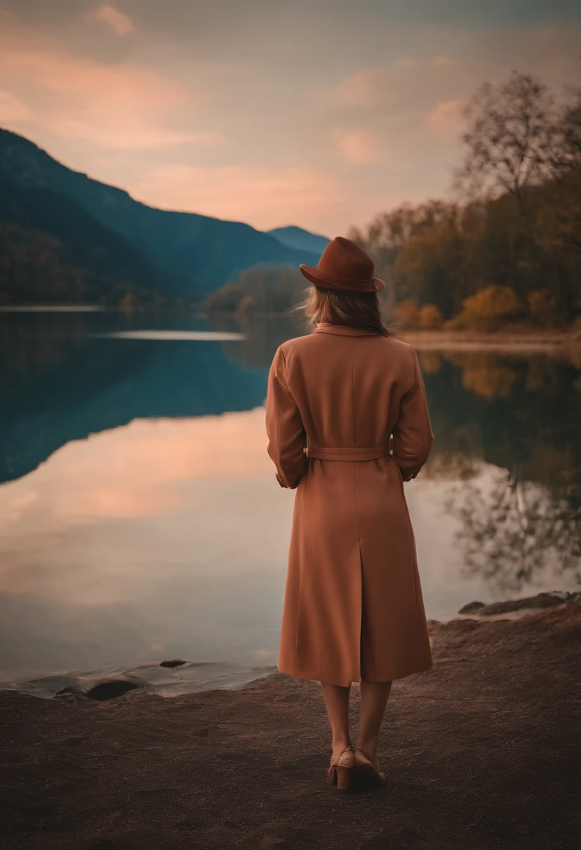 woman standing by a lake in tan jacket, in the style of realistic, emotive portraits, gongbi, light red and blue, uhd image, y2k aesthetic, retro glamor, stockphoto