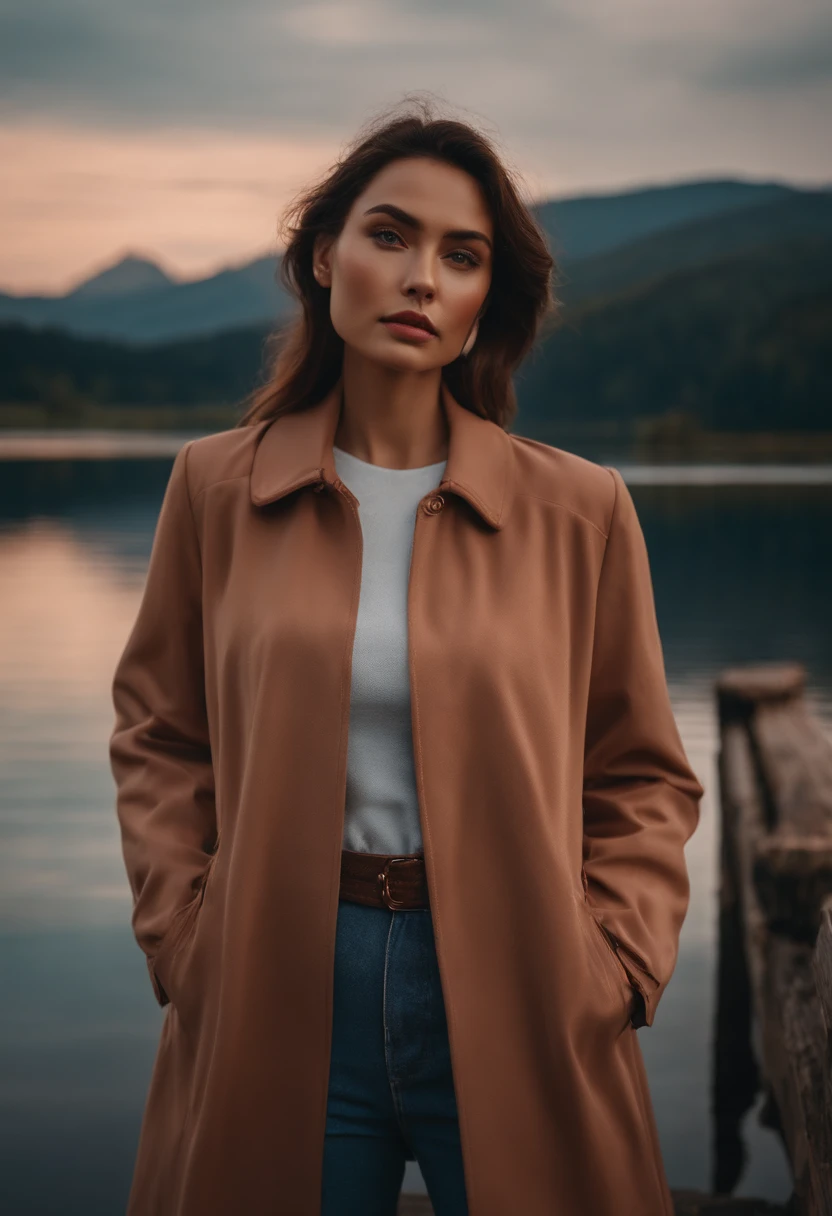 woman standing by a lake in tan jacket, in the style of realistic, emotive portraits, gongbi, light red and blue, uhd image, y2k aesthetic, retro glamor, stockphoto