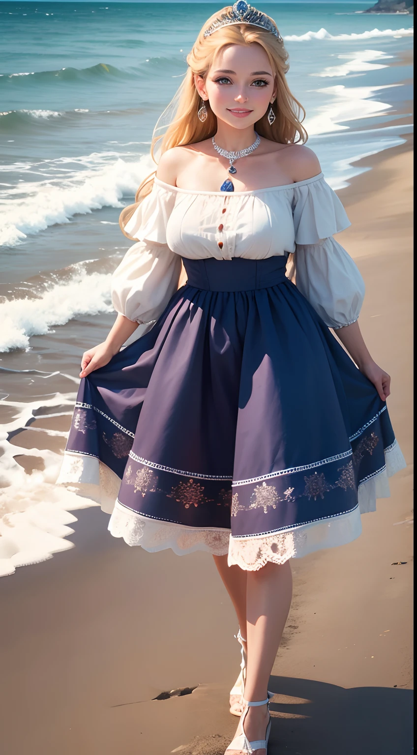 Very beautiful European style princess, portrait photo, beach, standing up straight, head and ankles straight, smiling, wearing earrings, 4k resolution