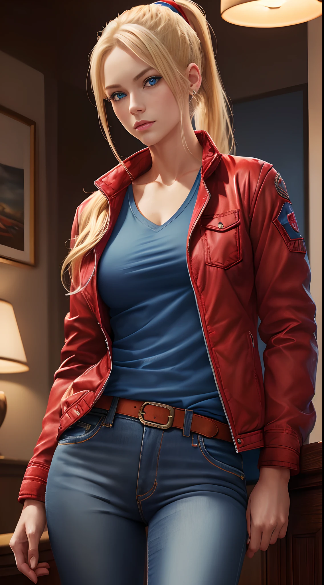 (blond girl, blue eyes, ponytail hair, blue shirt, red jacket, women's jeans, sensual pose, very detailed, masterpiece:1.2), Hd quality, ultra-detailed, realistic, vibrant colors, soft lighting, oil painting style