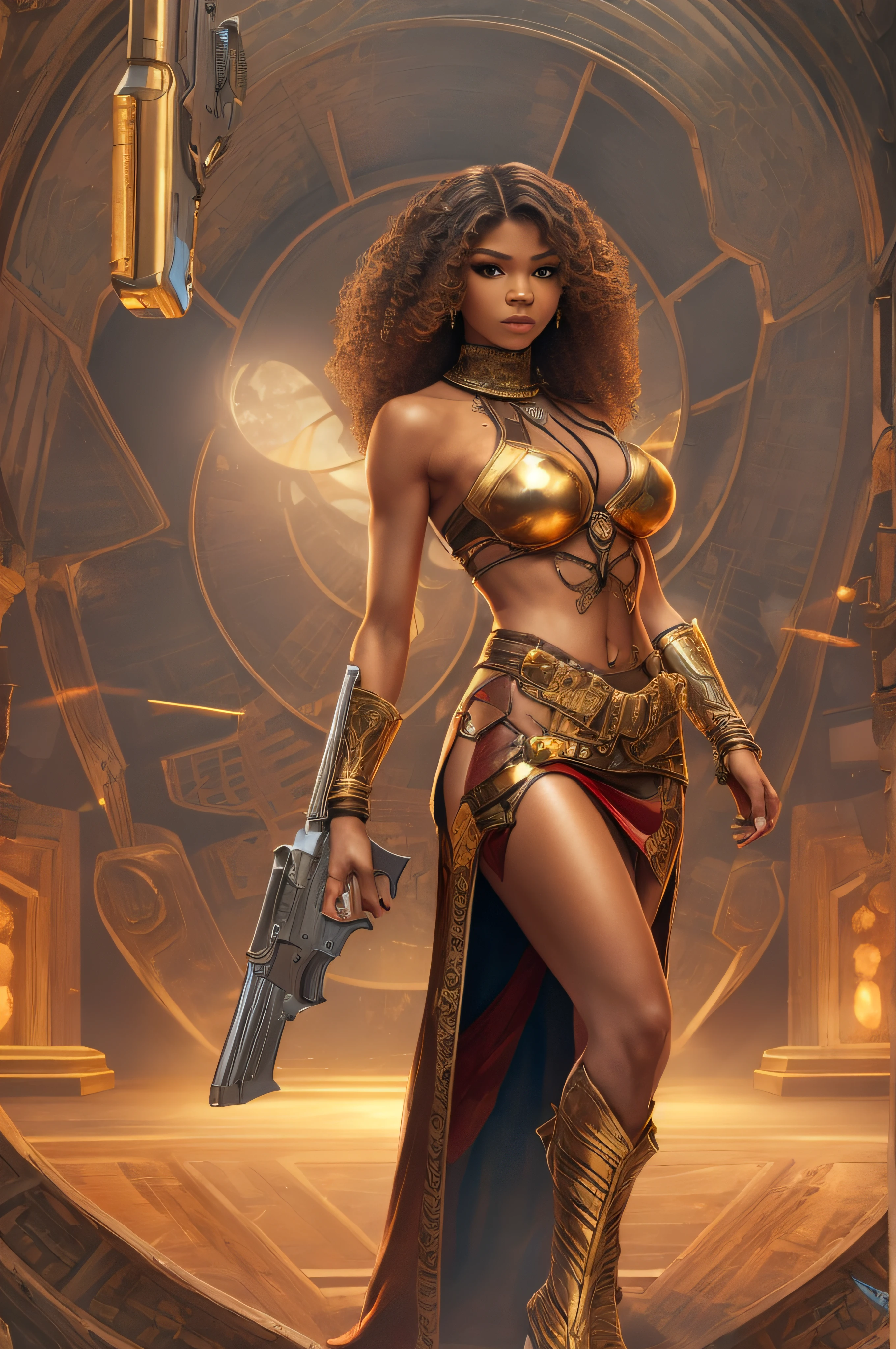 Zendaya, a naked Gunslinger, huge breasts, Witch Woman, Tanned skin, jewelry ,futuristic gold schort skirt, Futuristic pistols