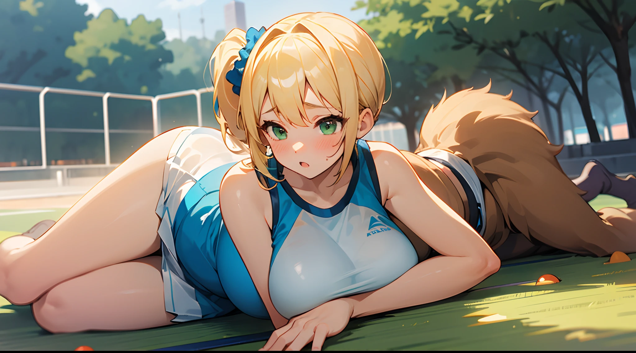1 girl, game CG, see-through sleeveless blue gym uniform belly, button visible, short white skirt, scrunchie, gigantic breasts, blonde, middle hair, side ponytail, green eyes, outdoor, surprised, lying down, blushing,