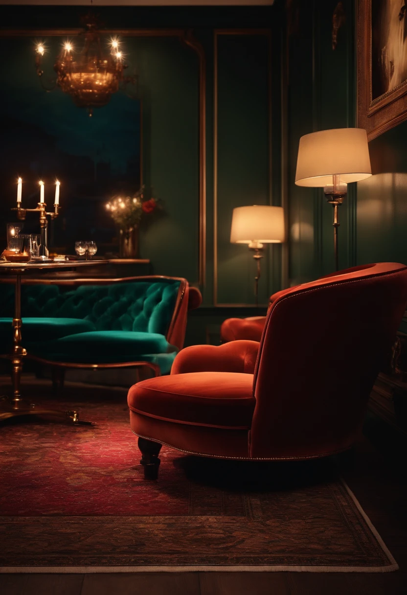 Generate an image of an elegant jazz lounge with velvet armchairs, candlelit tables, and a vintage microphone, landscape
