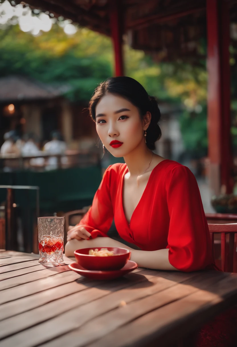a young asian woman in red sitting at an outdoor table, in the style of bauhaus photography, charming anime characters, traditional vietnamese, onii kei, raw street photography, lifelike representation, flowerpunk