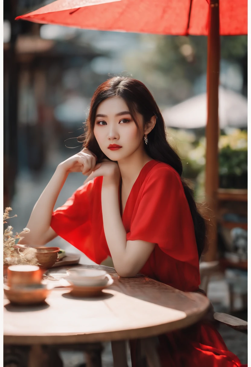 a young asian woman in red sitting at an outdoor table, in the style of bauhaus photography, charming anime characters, traditional vietnamese, onii kei, raw street photography, lifelike representation, flowerpunk
