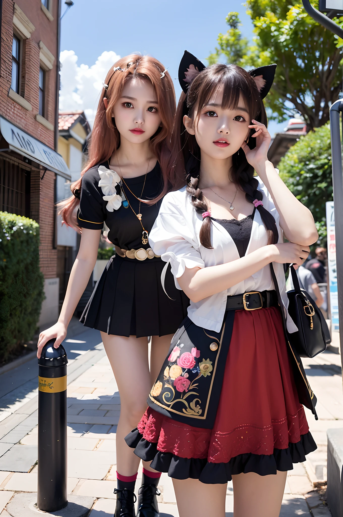Best Quality, Masterpiece, Extremely Detailed, High Resolution, 4K, Ultra High Resolution, Detailed Shadows, Perfect Light and Shadow,duo, Two Girls in Stylish Clothes Taking Selfies on the Street, Colorful Braids, Anime Role Play, Anime Style Mixed Fujifilm, Cute, Big Laugh, Big, Sexy,(alebrijes art style),pureerosface_v1,ulzzang-6500-v1.1,fantastical clothing,princess eyes round pupils,fantastical necklaces,fantastical ribbons,fantastical rings,fantastical jewelry,fantastical hair ornament,fantastical belt,studio light,