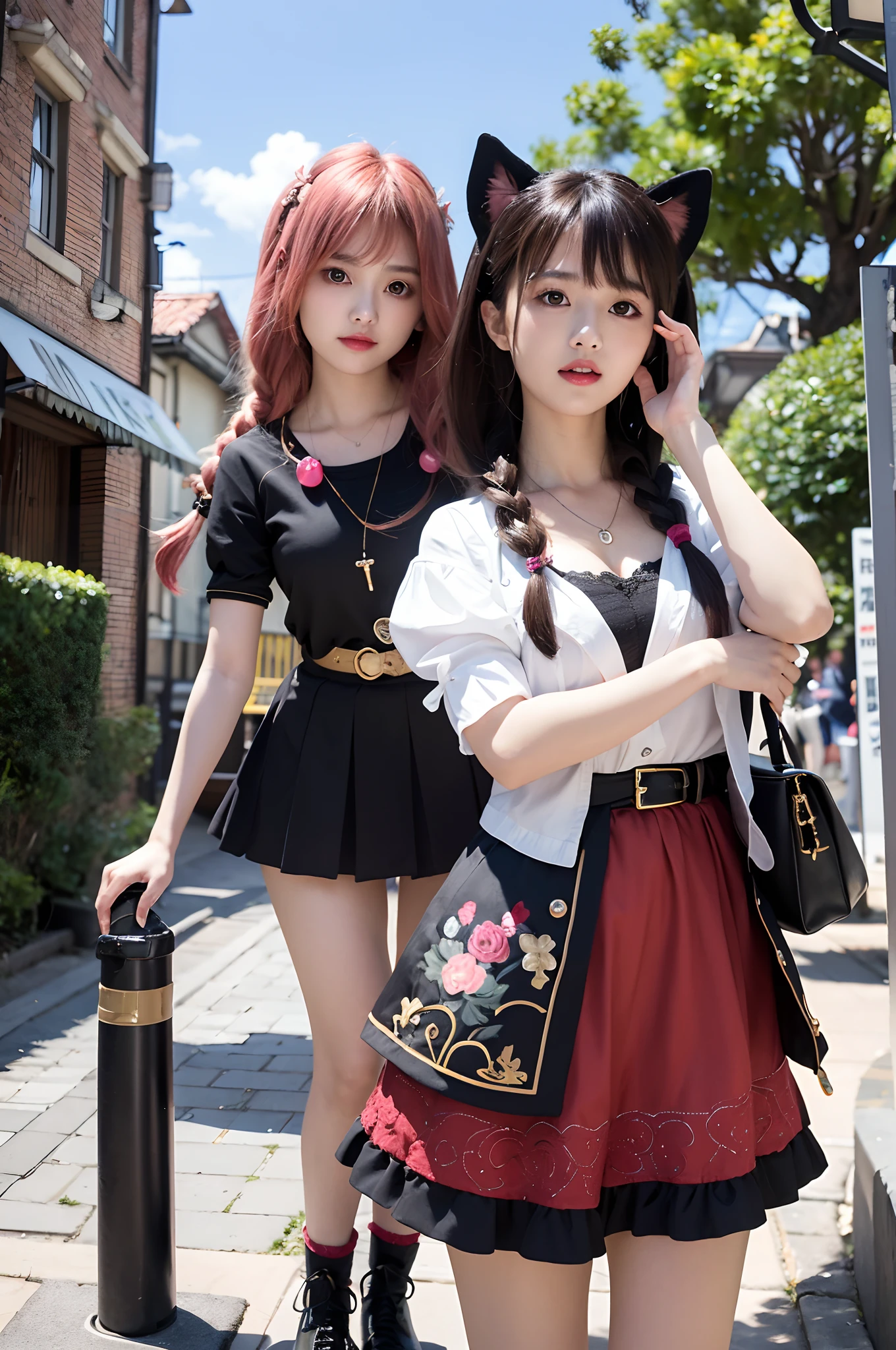 Best Quality, Masterpiece, Extremely Detailed, High Resolution, 4K, Ultra High Resolution, Detailed Shadows, Perfect Light and Shadow,duo, Two Girls in Stylish Clothes Taking Selfies on the Street, Colorful Braids, Anime Role Play, Anime Style Mixed Fujifilm, Cute, Big Laugh, Big, Sexy,(alebrijes art style),pureerosface_v1,ulzzang-6500-v1.1,fantastical clothing,princess eyes round pupils,fantastical necklaces,fantastical ribbons,fantastical rings,fantastical jewelry,fantastical hair ornament,fantastical belt,studio light,