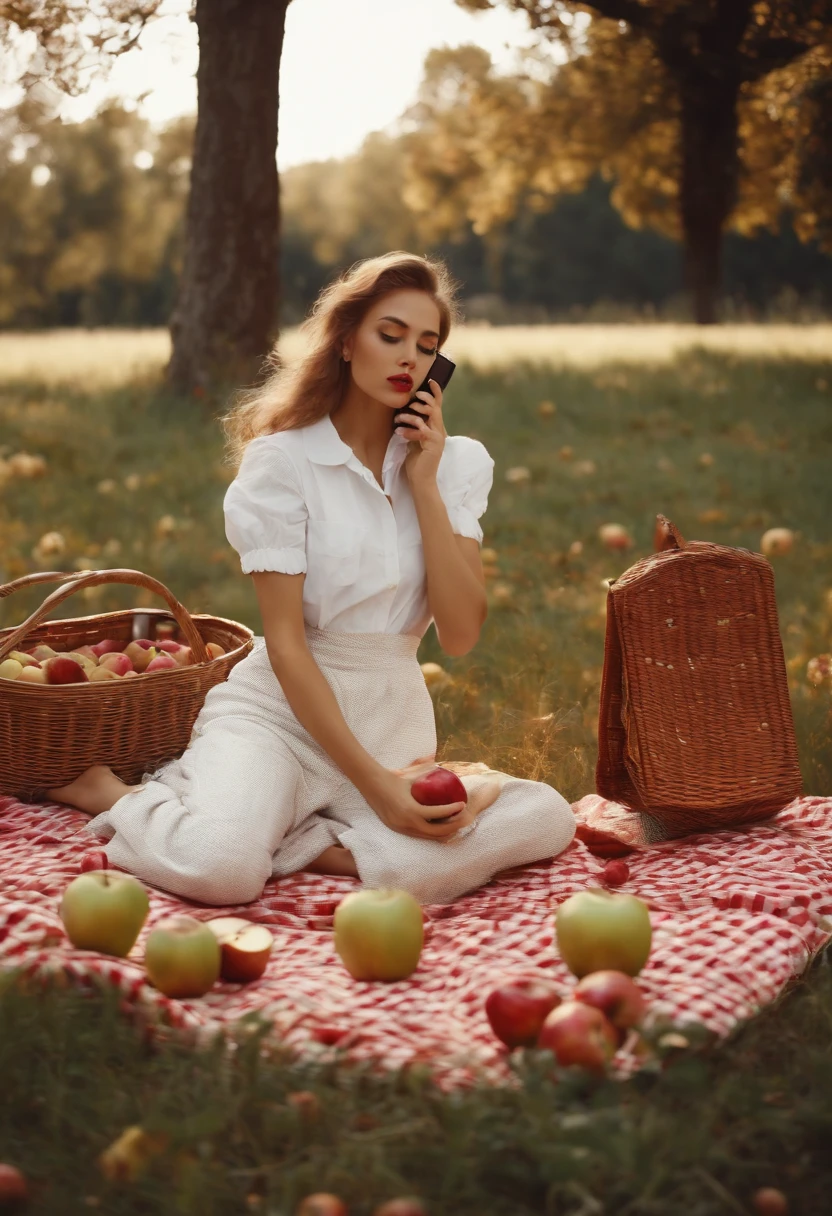 girl making phone calls while on a picnic blanket with apples and picnic tables, in the style of surreal fashion photography, white and gold, animated gifs, , photo taken with ektachrome, portraits, self-portraits, kawaii chic