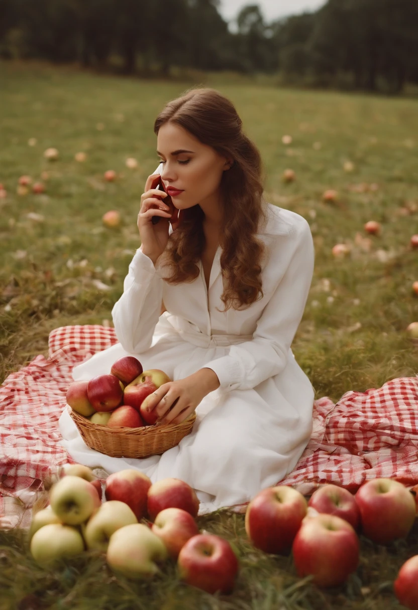 girl making phone calls while on a picnic blanket with apples and picnic tables, in the style of surreal fashion photography, white and gold, animated gifs, , photo taken with ektachrome, portraits, self-portraits, kawaii chic