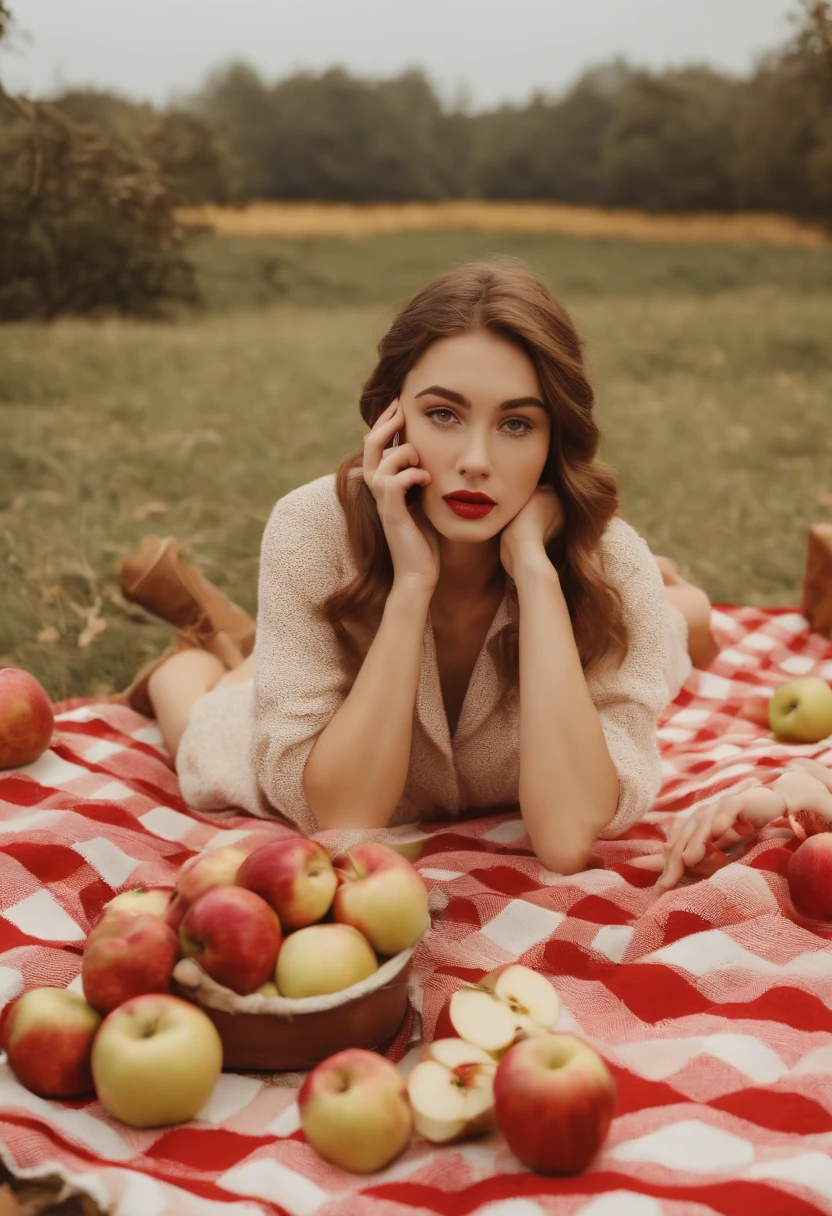 girl making phone calls while on a picnic blanket with apples and picnic tables, in the style of surreal fashion photography, white and gold, animated gifs, , photo taken with ektachrome, portraits, self-portraits, kawaii chic