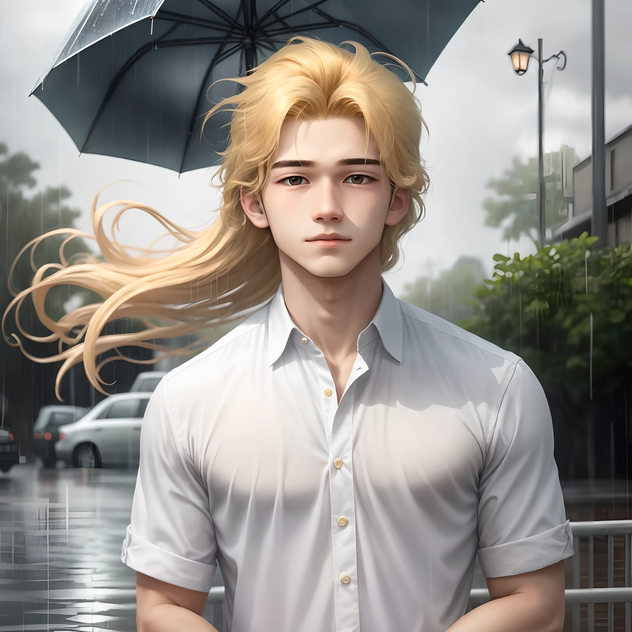 Boy in white shirt，Hold an umbrella for me on rainy days，Look down on me，second person，Look at me gently，floating golden hair，Very spoiled expression，a sense of atmosphere，Teenage uncensored