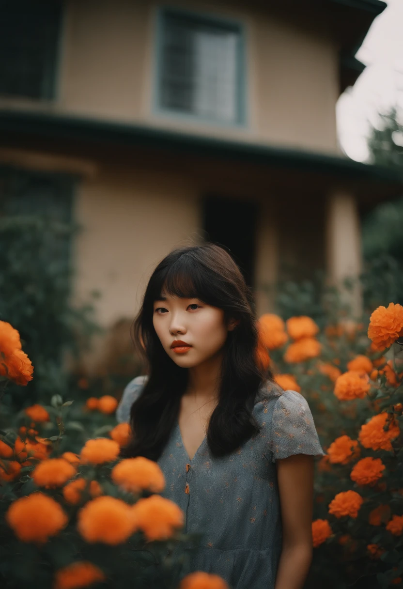 analog photography, grain film, vintage photo, portra 400, in the style of lo-fi aesthetics:: a young girl in orange flowers outside of a house, in the style of luminous portraits, pop inspo, asian-inspired, grainy film, i can't believe how beautiful this is, realistic yet romantic, layered portraits