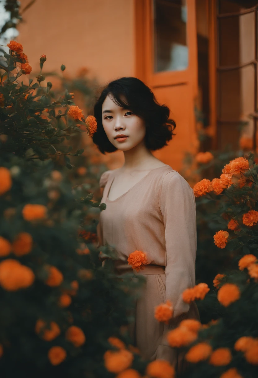 analog photography, grain film, vintage photo, portra 400, in the style of lo-fi aesthetics:: a young girl in orange flowers outside of a house, in the style of luminous portraits, pop inspo, asian-inspired, grainy film, i can't believe how beautiful this is, realistic yet romantic, layered portraits