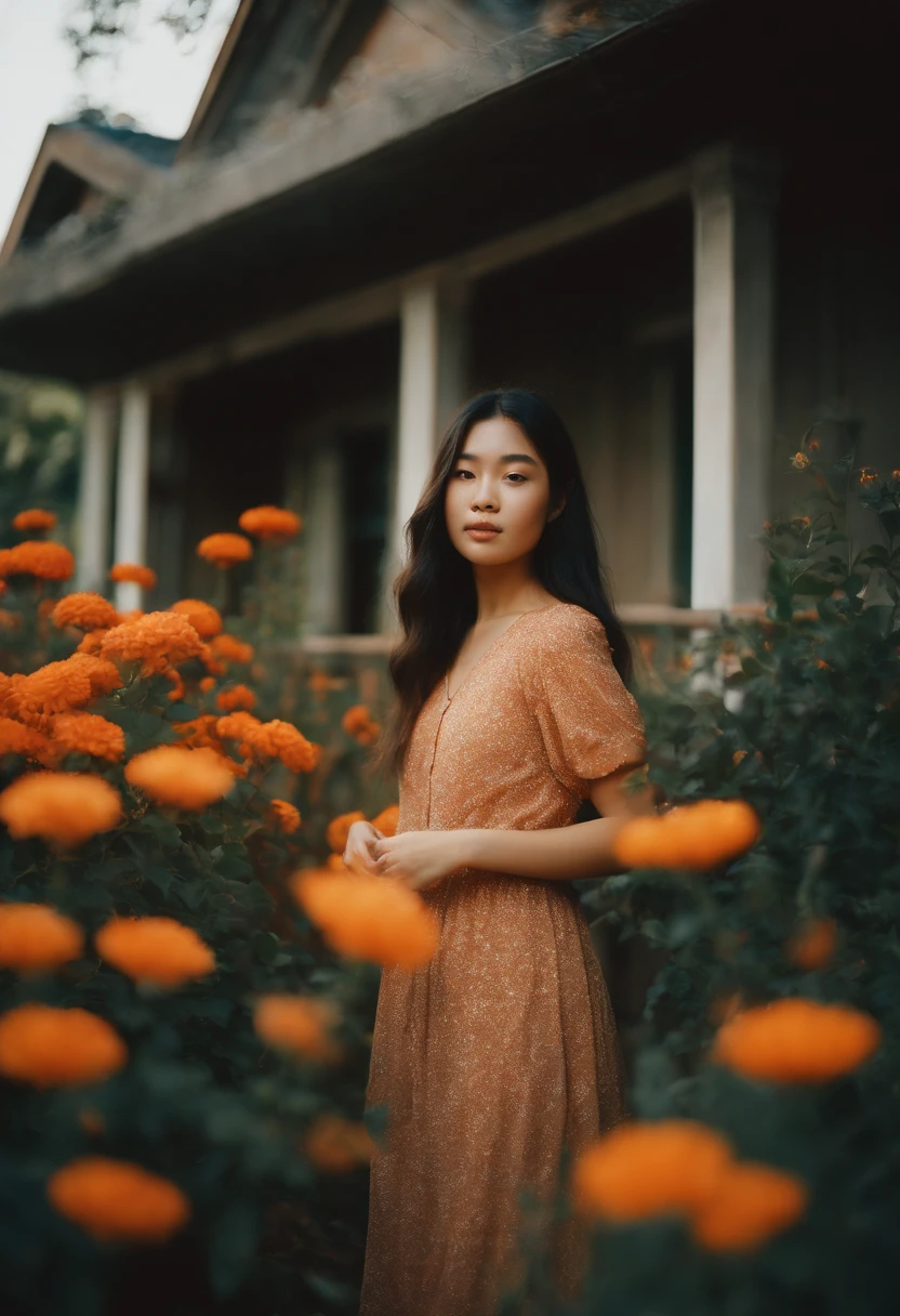 analog photography, grain film, vintage photo, portra 400, in the style of lo-fi aesthetics:: a young girl in orange flowers outside of a house, in the style of luminous portraits, pop inspo, asian-inspired, grainy film, i can't believe how beautiful this is, realistic yet romantic, layered portraits