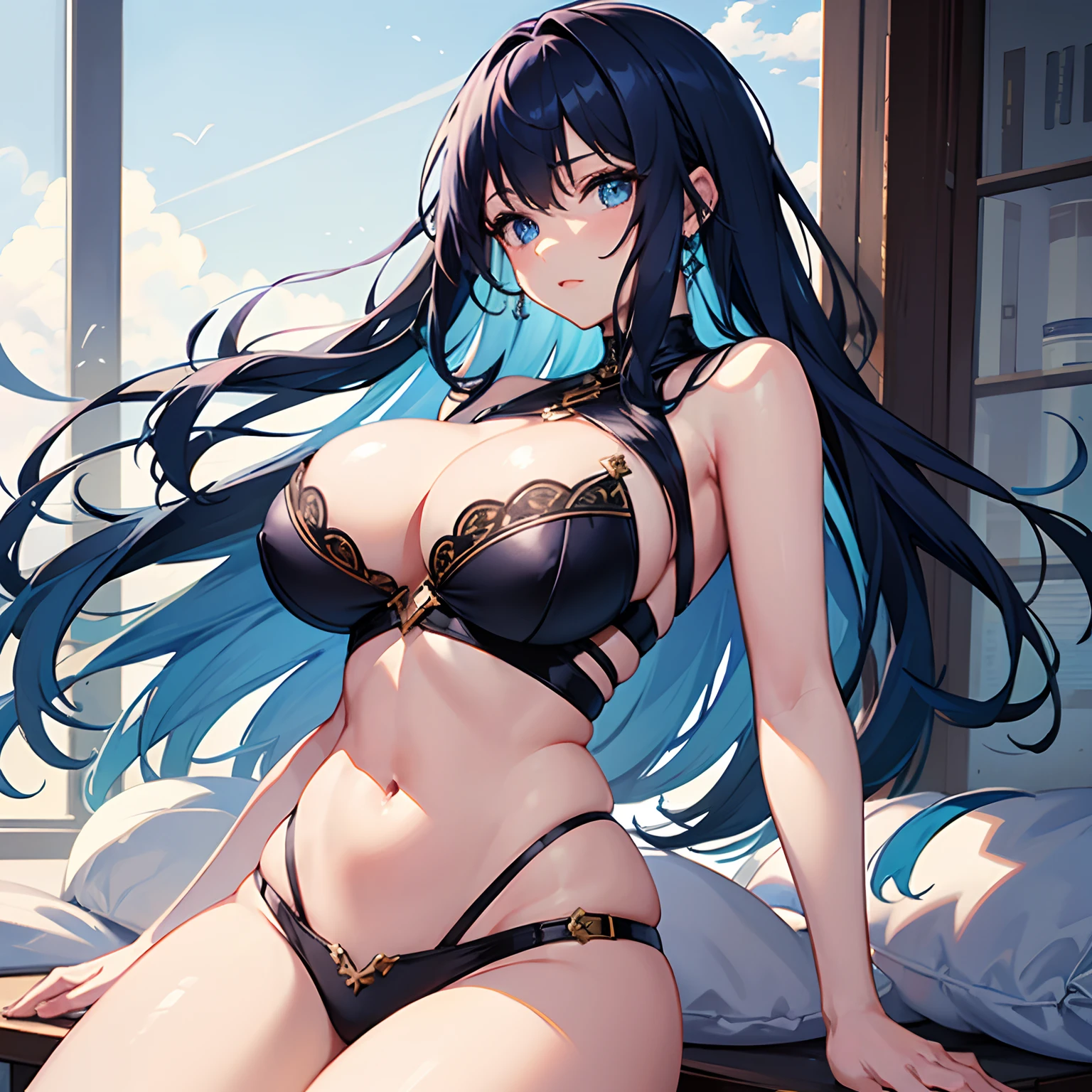 Best Quality, Masterpiece: 1.2, Ultra Detail, 1girl, Long hair, level view, blue hair, blue eyes, huge breasts