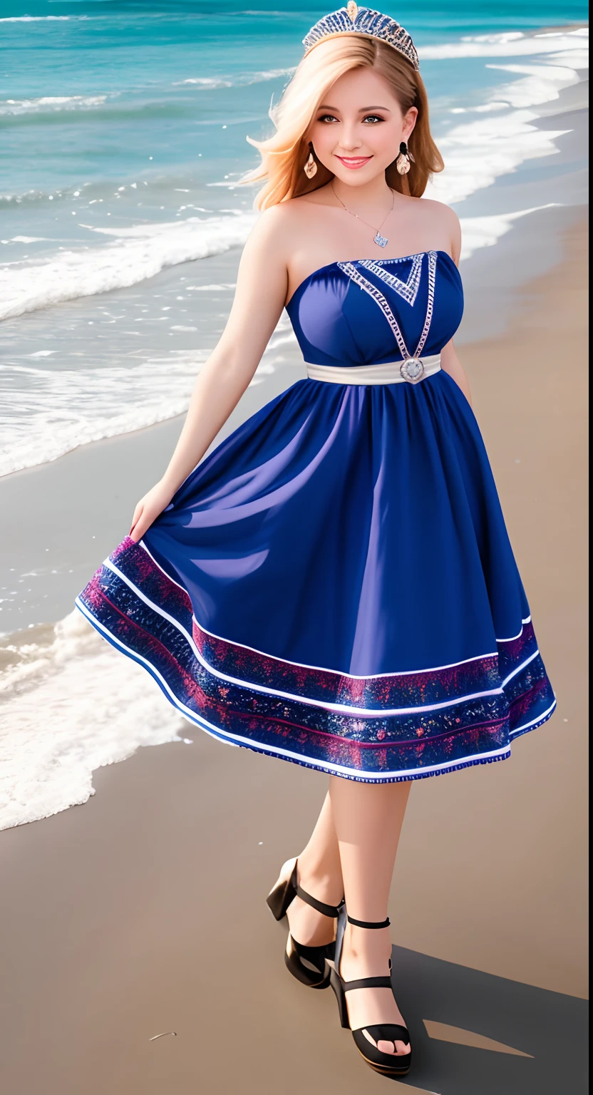 Very beautiful European style princess, portrait photo, beach, standing up straight, head and ankles straight, smiling, wearing earrings, 4k resolution
