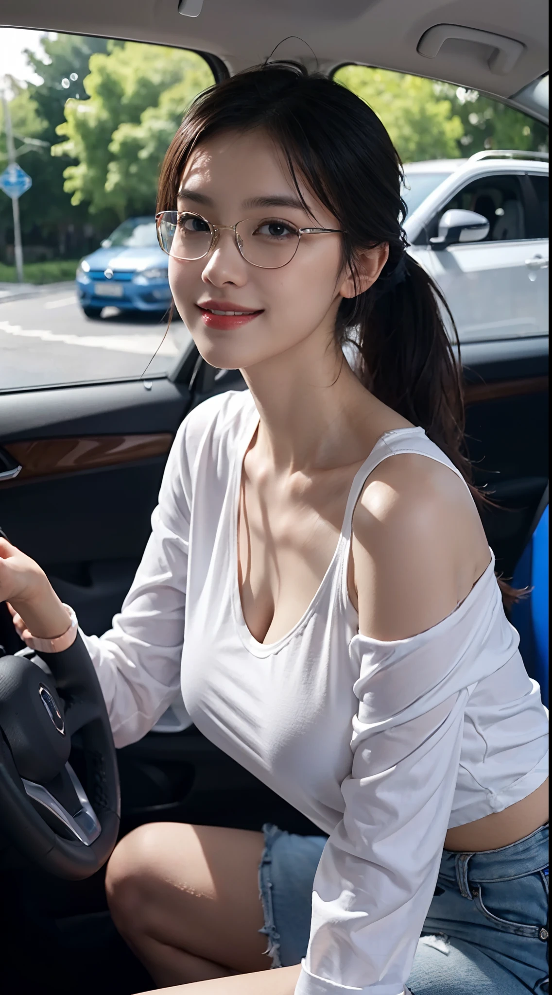 ((huge underboob)), (shoulder-length straighthair: 1.2), Black hair,Short ponytail，Upper body, （Extremely meticulous CG 8k wallpaper），（Extremely refined and beautiful），（Masterpiece），（best qualtiy：1.0），（Ultra High Resolution：1.0），beautiful light up，Perfect lightning，realistic shaded，[A high resolution]，Smooth and flawless fair skin，Extremely exquisite facial details，（perfect body：1.1），ultra - detailed，A beautiful girl，small head，(huge breasts:1.1)，Charming collarbone，towering chests，Cleavage，plump figure，large hips，thick thighs，thick arms，Smile，cheerfulness，（white collared long sleeved shirt:1.1），（blue shorts：1.1），White sneakers，Summer，Morning，sitting in a spacious private car，A female driver，Lean forward with breasts on the steering wheel，driving car，Wearing glasses, looking forward，Close Shot，