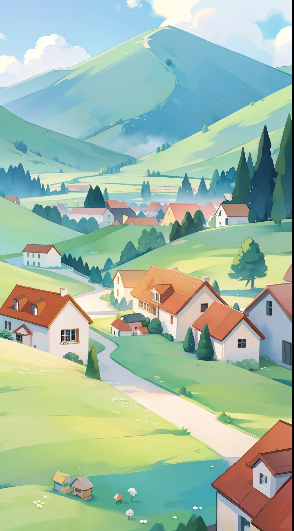 fantasy landscape, watercolor illustration, whimsical, warm colors, fairytale village, houses, ((masterpiece)), highly detailed environment