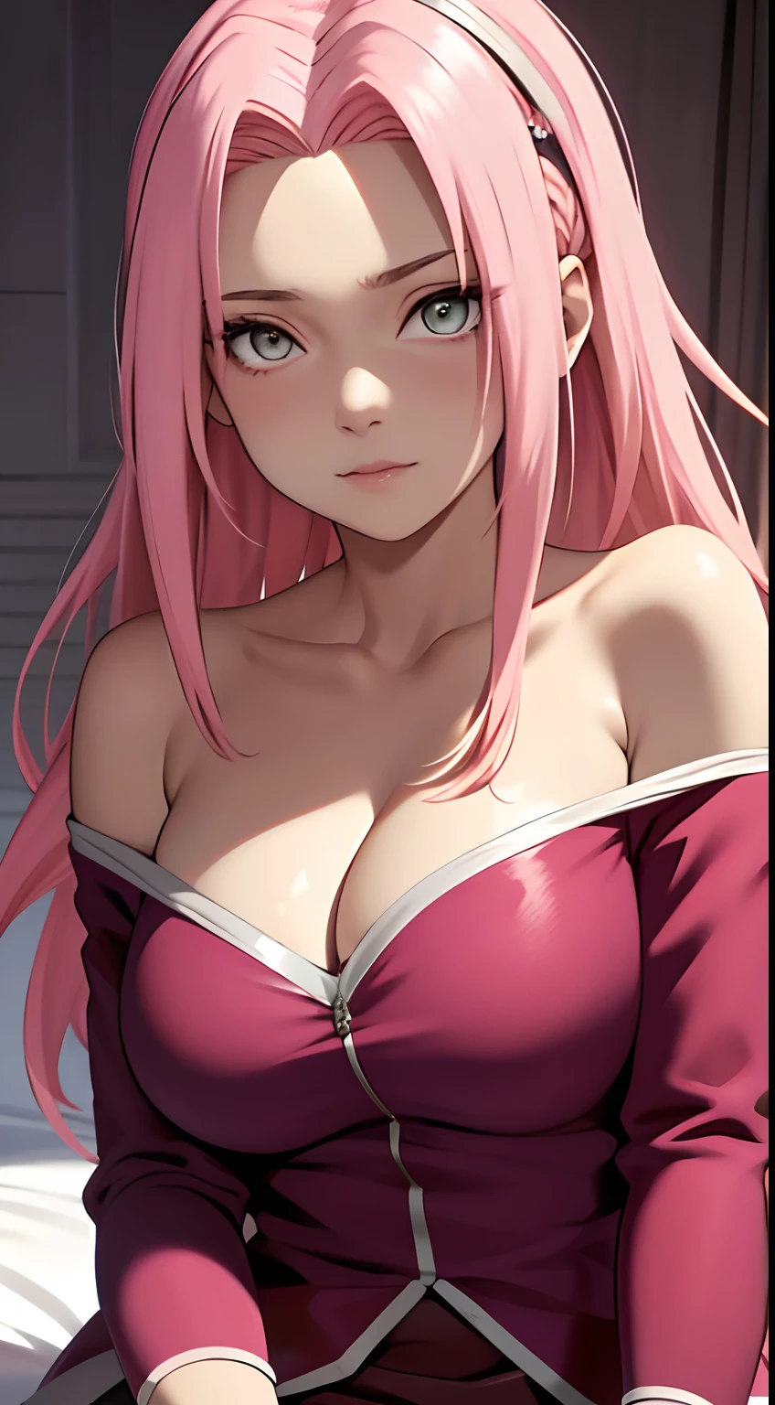 tmasterpiece， Best quality at best， 1girll，Solo， Sakura Haruno， Large breasts，Off-the-shoulder attire，（cleavage)，（upperbody closeup)，Raised sexy，is shy，with pink hair， long whitr hair， （greene eyes:1.5)， Forehead protection， Lying on a white bed，barechested