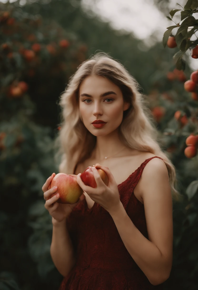 a young woman is holding and eating a apple, in the style of kodak portra, light crimson and amber, oshare kei, y2k aesthetic, distinctive noses