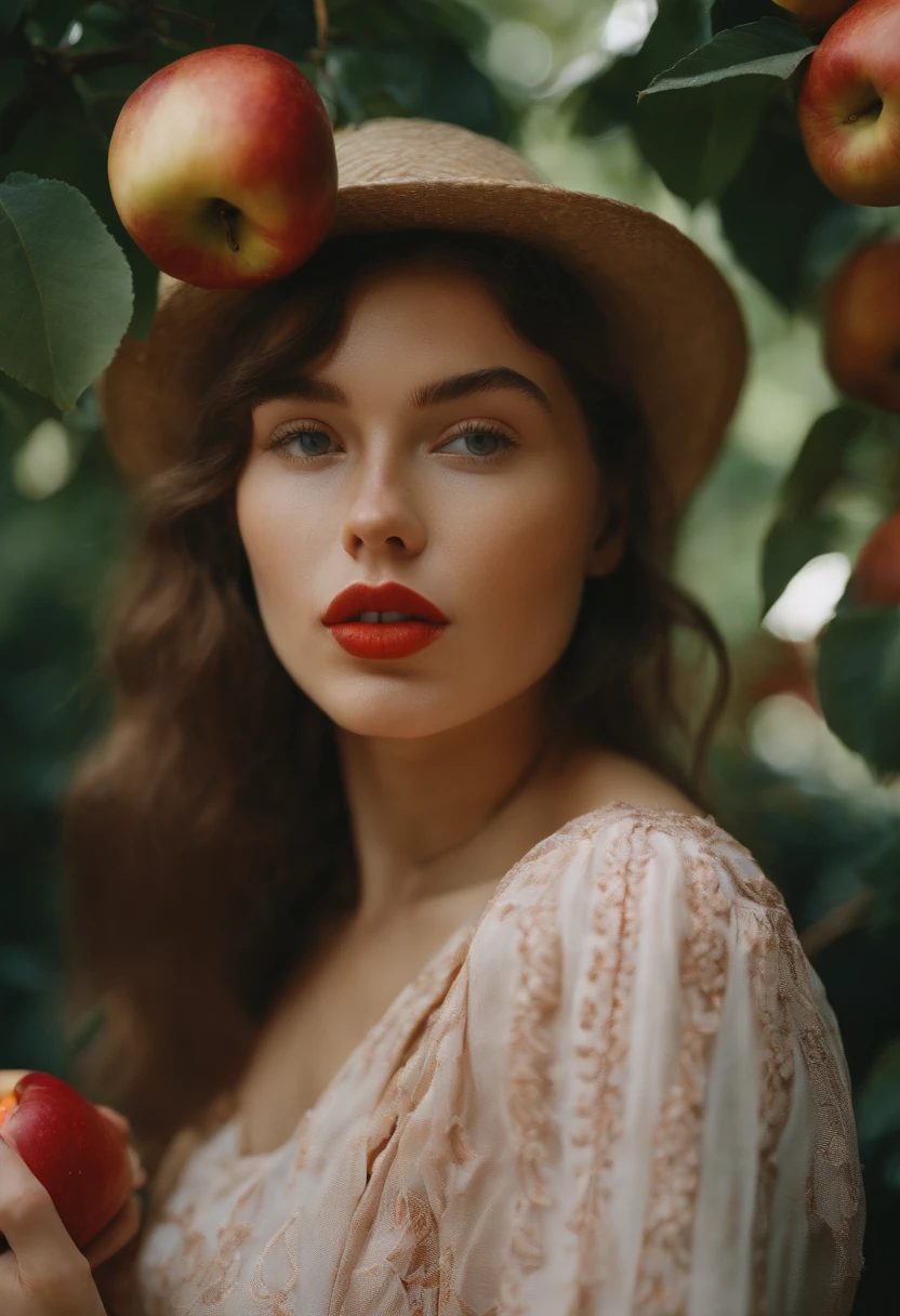 a young woman is holding and eating a apple, in the style of kodak portra, light crimson and amber, oshare kei, y2k aesthetic, distinctive noses