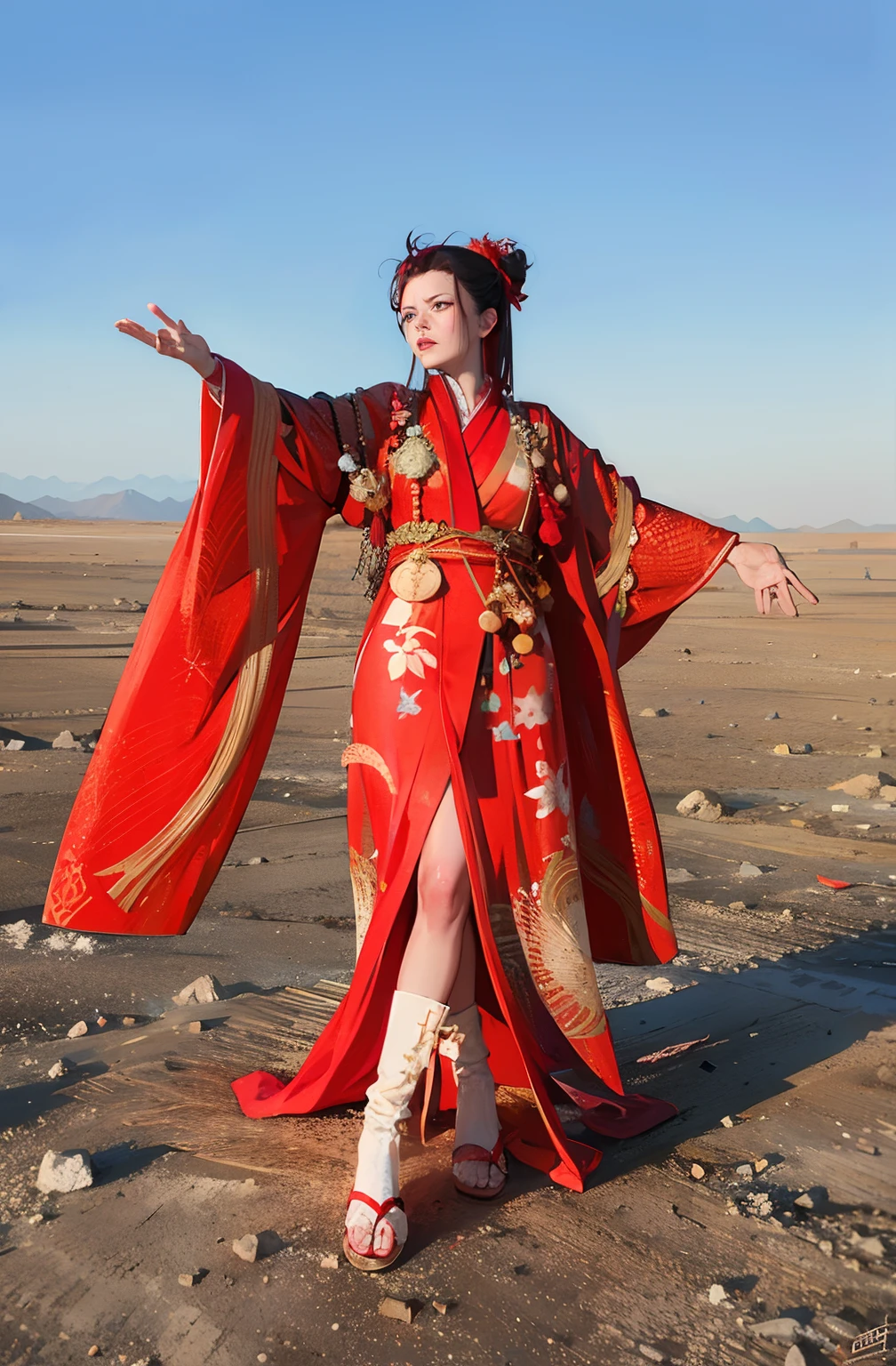woman in red kimono standing in desert with open arms, wearing gilded red robes, wearing a long flowing robe, dragon-inspired cloth robes, red kimono, fully clothed in red robes, style blend of burning man, desert robe, tilda swinton at burning man, red kimono with flower patterns, wearing flowing robes, red robe, wearing red robes, kimono