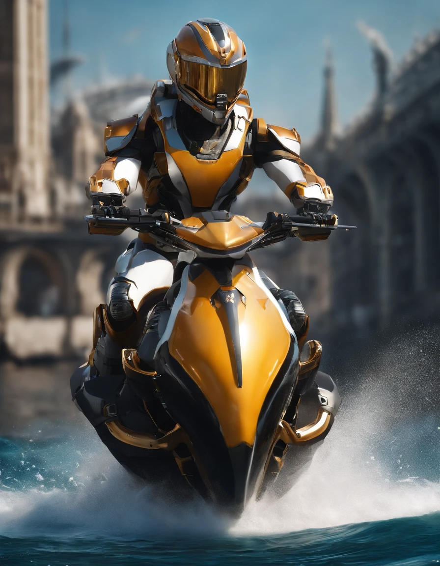 Drive a high-speed sea scooter，sitted，(Extremely detailed Cg Unity 8K wallpaper),(((Masterpiece))),(((Best quality))),((Ultra-detailed)),(Best Illustration),((An extremely delicate and beautiful)),Dynamic Angle,Wind,classic,Spring,(Detailed light),(Sunlight),Beautiful and delicate water,(Painting),(Sketch),(full bloom),(Shine),From the movie《New Century Evangelion》，Black Themes，Best quality,Masterpiece,Realistic,professional,Vivid colors,Ultra-fine painting,Portrait,anime big breast,Photogram,number art,Fantasyart,3d graphic,Cinematic_lighting,Strong_rim_Light,rim-light,Ambient_Light,Tyndall effect,moodylighting,Huge_filesize,Real,Male pervert,Mecha musume,Cyborg man,Tights combat suit,power armour，Cut clothes，Japanese_Armor, steampunk wind, Futuristic combat-ready motorboats skim the water with a ferocious presence. Intricate gears and brass fittings adorn its hull, Showcasing the perfect blend of advanced technology and Victorian aesthetics. This realistic masterpiece glitters in the sun, ready for action.