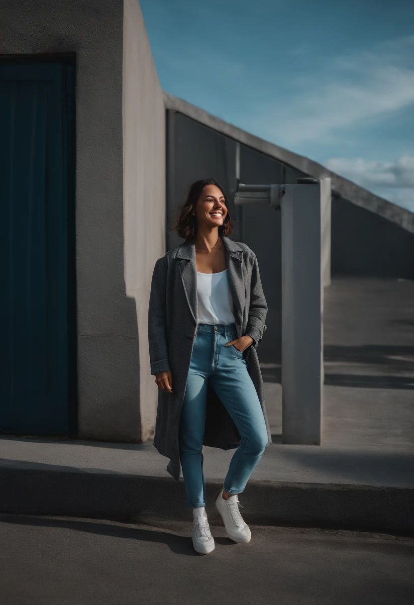one smiling woman wearing a jacket and jeans, in the style of lo-fi aesthetics, dark gray and sky-blue, minimalist backgrounds, ricoh gr iii, urban edge, high quality photo