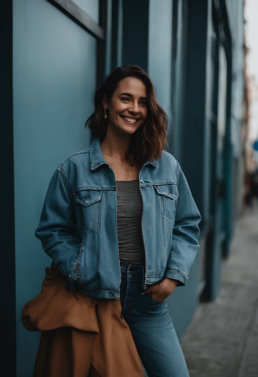 one smiling woman wearing a jacket and jeans, in the style of lo-fi aesthetics, dark gray and sky-blue, minimalist backgrounds, ricoh gr iii, urban edge, high quality photo