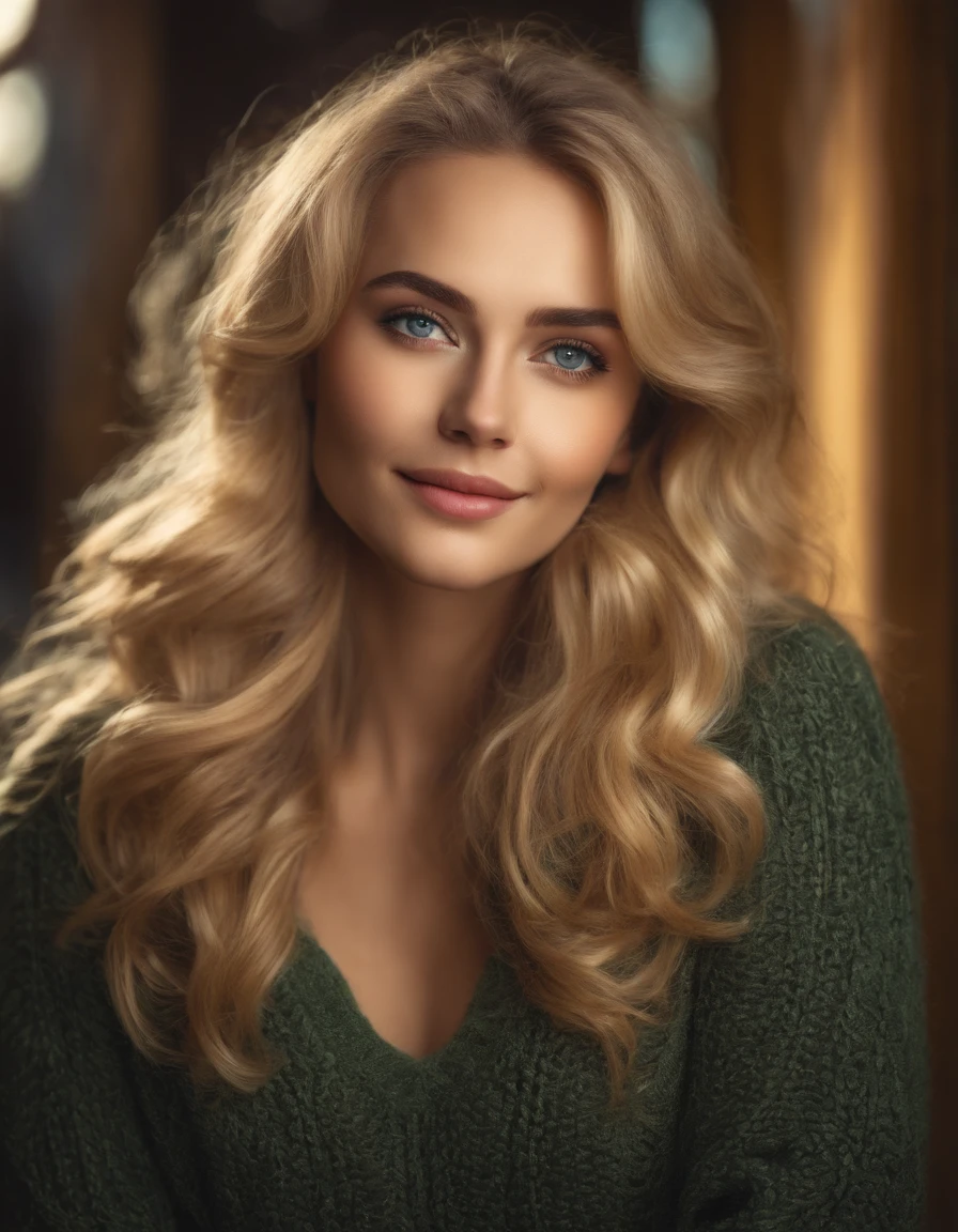 Masterpiece, absurdres,HDR ,highly detailed eyes and face,smiling, beautiful nod_woman, a woman with long blonde hair and a black sweater ,perfect nod_body,perfect nod_face,