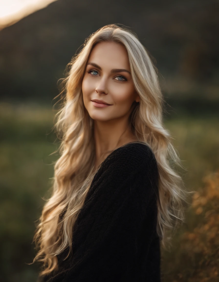 Masterpiece, absurdres,HDR ,highly detailed eyes and face,smiling, beautiful nod_woman, a woman with long blonde hair and a black sweater ,perfect nod_body,perfect nod_face,