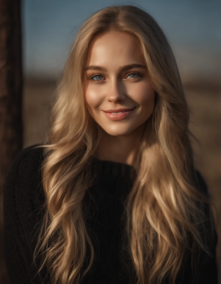 Masterpiece, absurdres,HDR ,highly detailed eyes and face,smiling, beautiful nod_woman, a woman with long blonde hair and a black sweater ,perfect nod_body,perfect nod_face,