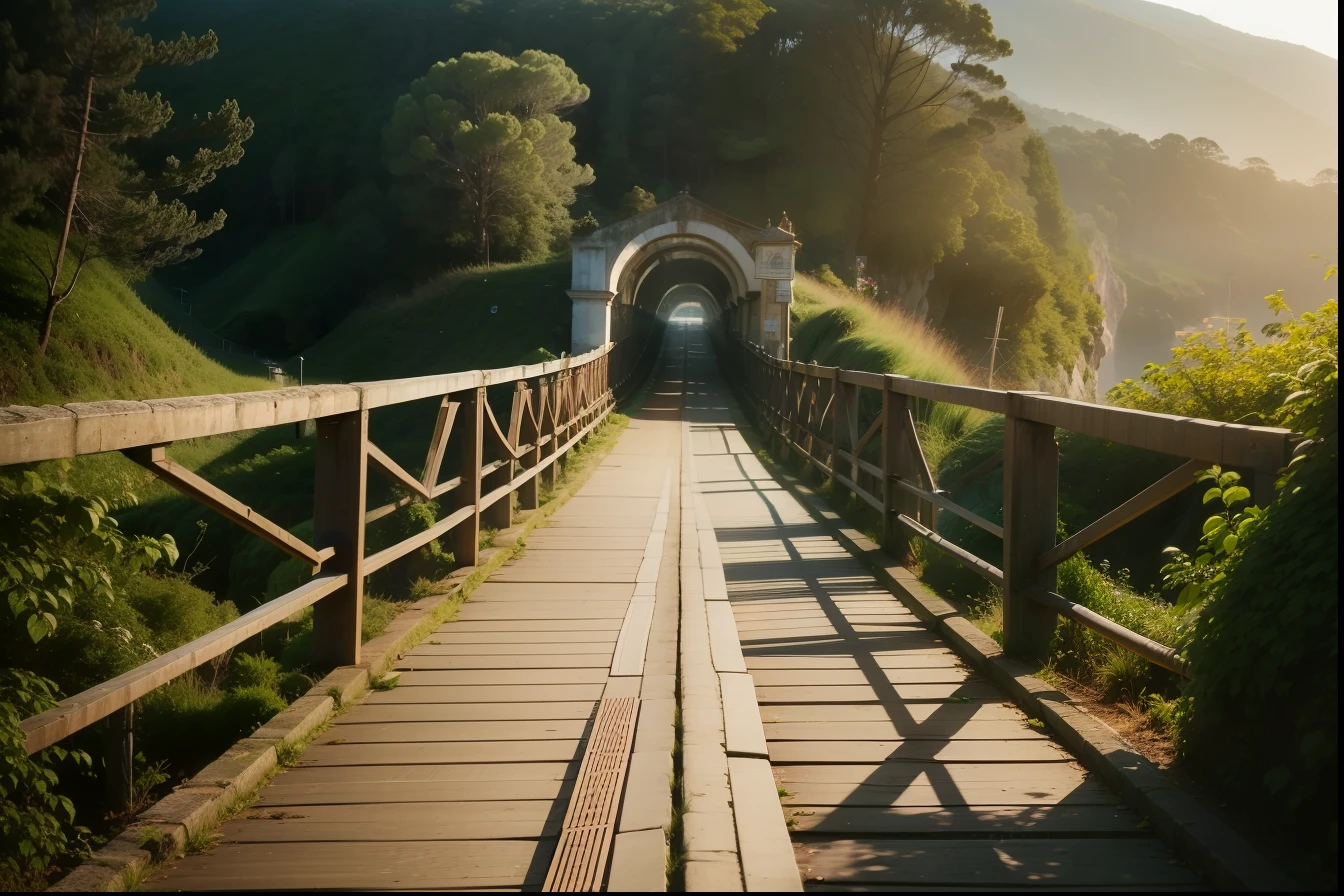 Uma ponte de madeira comprida.