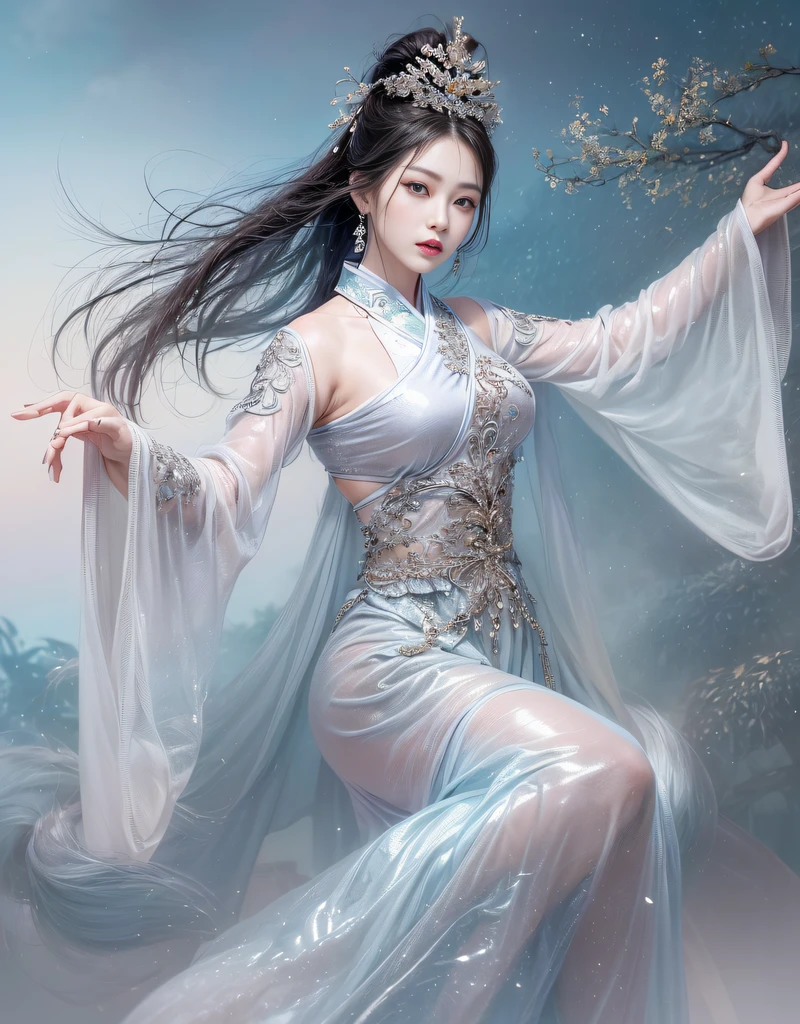 loose outfit、Show shoulders、How to wear a gown with a broken see-through halter neck、Decorated with intricate patterns and pastel colors、Transparent material that makes the skin shine、Artistic depiction of seductive woman in gown with wet thin cloth and transparent skin, Floral and fantastic pattern with flowing silky traditional see-through skin。Her dress draped elegantly around her curvaceous figure、Emphasizes her charming silhouette。She's a gentle fireworks night、Dynamic Posing、Sexy Posing、bathed in the soft glow of moonlight。The scene is、With a hint of mystery and sensuality、It exudes an ethereal dreamy atmosphere。The image style is、Incorporates a blend of watercolor and digital illustration techniques.、It makes you feel delicate beauty and charm。Soft moonlit lighting、Cast gentle highlights and shadows on her mesmerizing features。Dynamic Posing、Bold poses、The hand is somewhere、see -through、show through、A sexy、Wet hair、Wet、cherry trees、flower petals、cherryblossom、The cherry tree、Sakura blizzard、buried、Transparent skin、Wet clothes、Chest Pulling、Translucent clothes、Eau、nudde、