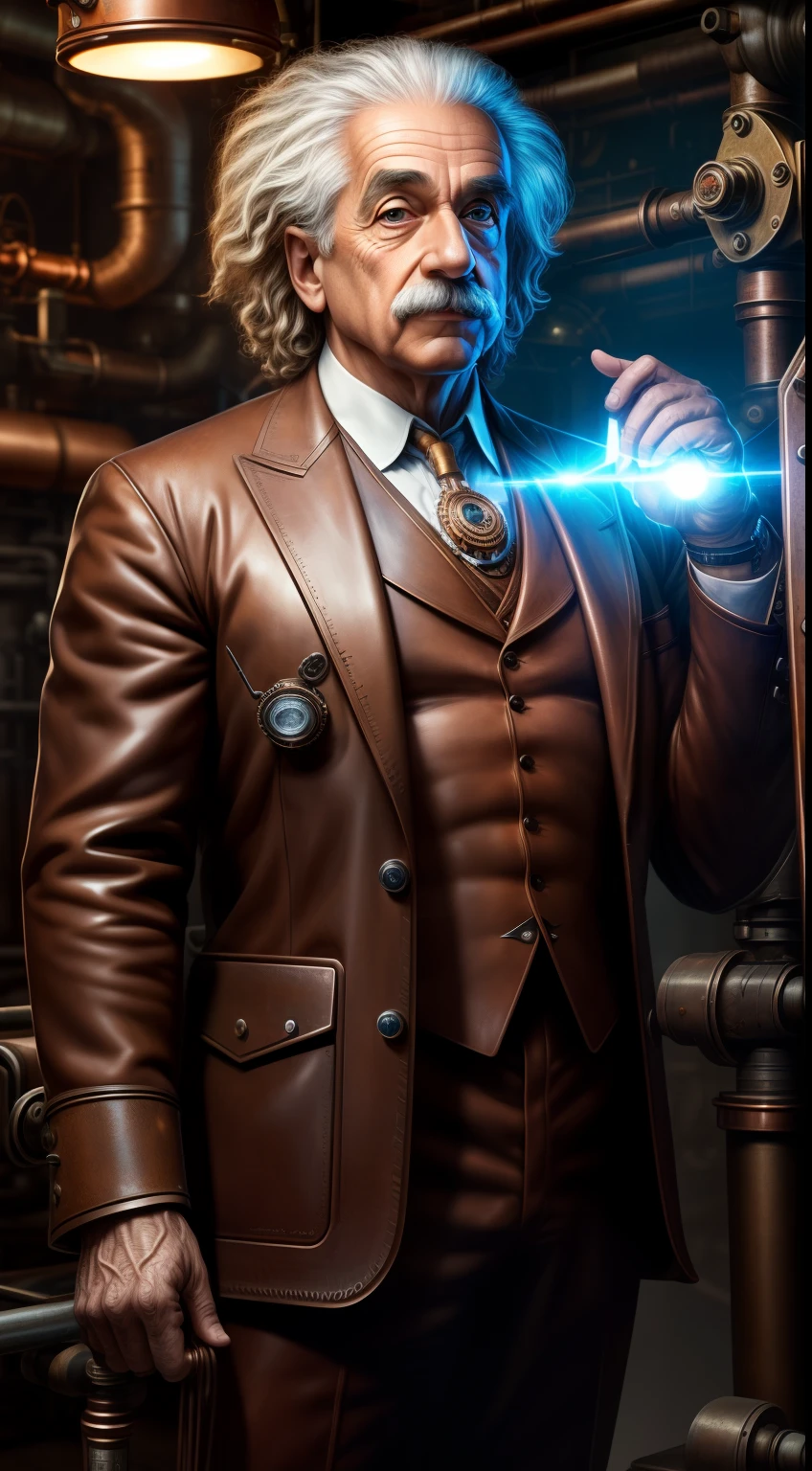(best quality,4k,8k,highres,masterpiece:1.2),ultra-detailed,realistic,Albert Einstein,athletic,muscular body,steampunk,sculpted muscles,strong jawline,curly hair,piercing gaze,scientific genius,aged and wise eyes,vintage costume,heavy metal machinery,copper pipes and gears,retro-futuristic setting,industrial backdrop,dramatic lighting,monocle,hands holding a futuristic device,vibrant colors,contrasting tones,captivating portrait