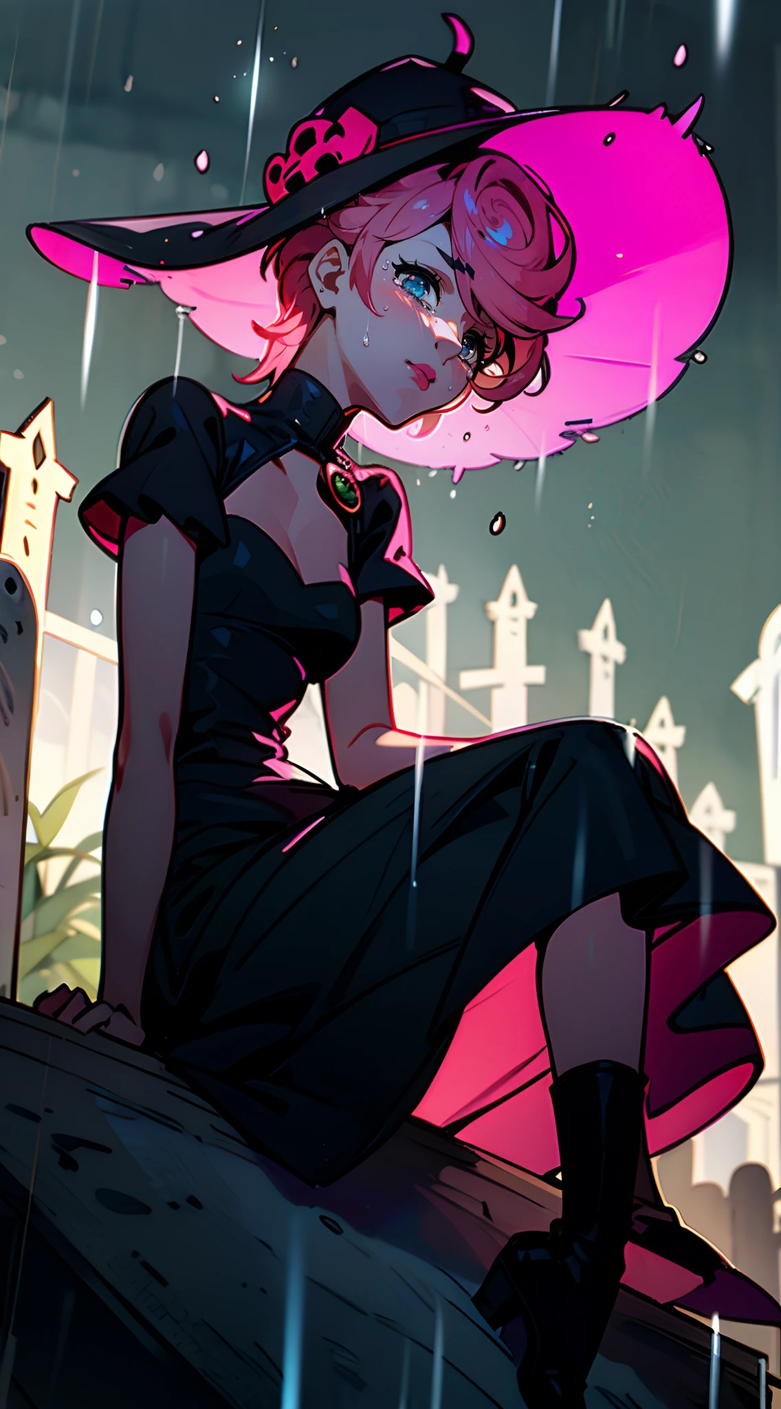 trishuna, trishjojo, trish una, solo, female focus, 1girl, girl, black dress, funeral dress, funeral, grave, crying, sad, tears, black boots, black hat, black veil, raining, black umbrella, night time, tombstone, sitting