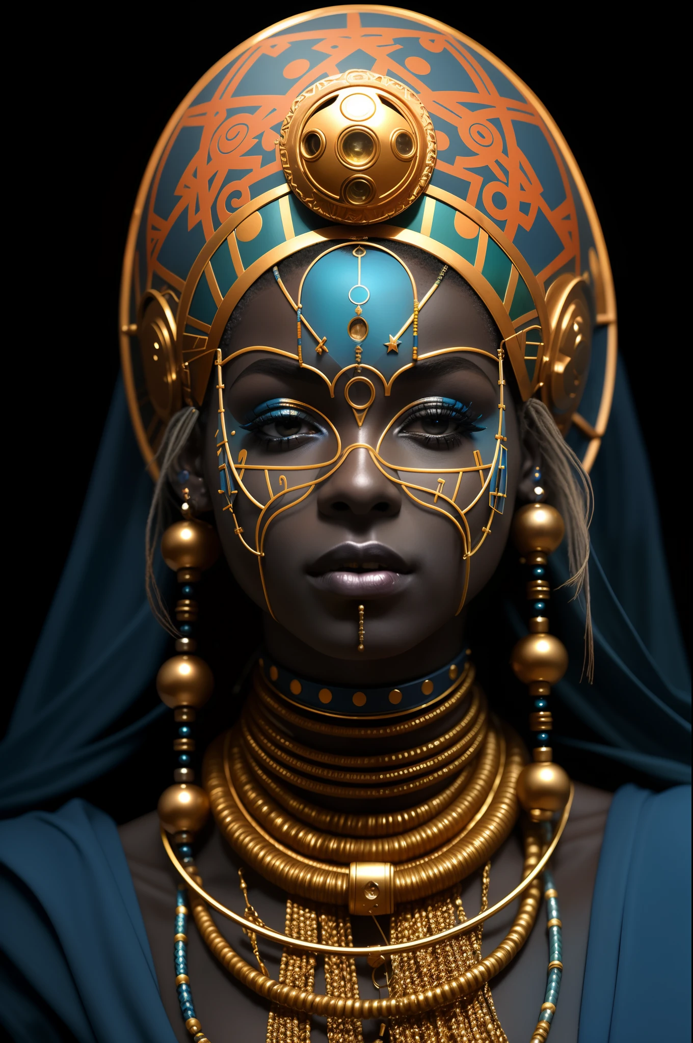 um close up de uma mulher com um cocar azul e joias de ouro, estilo afrofuturismoo, afrofuturismo, androide feminina africana, mulher futurista da moda, Princesa negra africana, mulher Himba futurista bonita, Afrofuturista, pele escura deusa feminina do amor, retrato futurista da mulher, Princesa africana deslumbrante, Futurista Himba Jovem Mulher, Retrato do humanoide feminino, afrofuturista