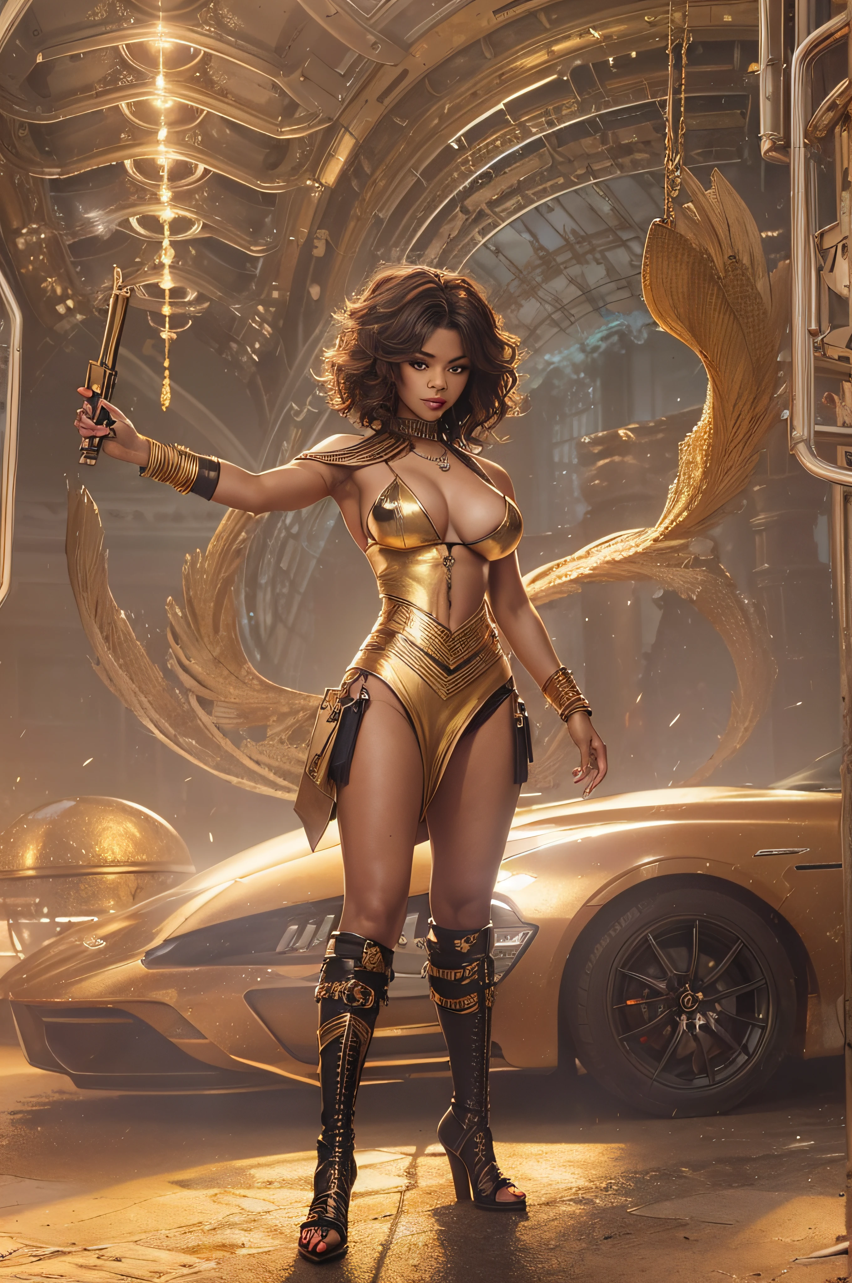 Zendaya, a naked Gunslinger, with huge breasts, Witch Woman, Tanned skin, and jewelry , dressed with only a futuristic short gold skirt, and Futuristic pistols