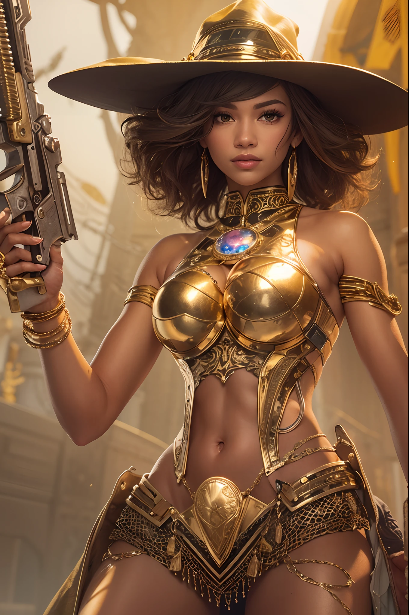 Zendaya, a naked Gunslinger, with huge breasts, Witch Woman, Tanned skin, and jewelry , dressed with only a futuristic short gold skirt, and Futuristic pistols