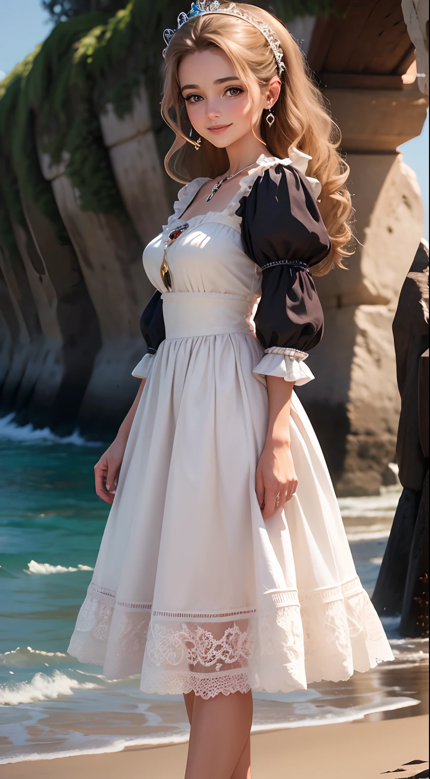 Very beautiful European style princess, portrait photo, beach, standing up straight, head and ankles straight, smiling, wearing earrings, 4k resolution