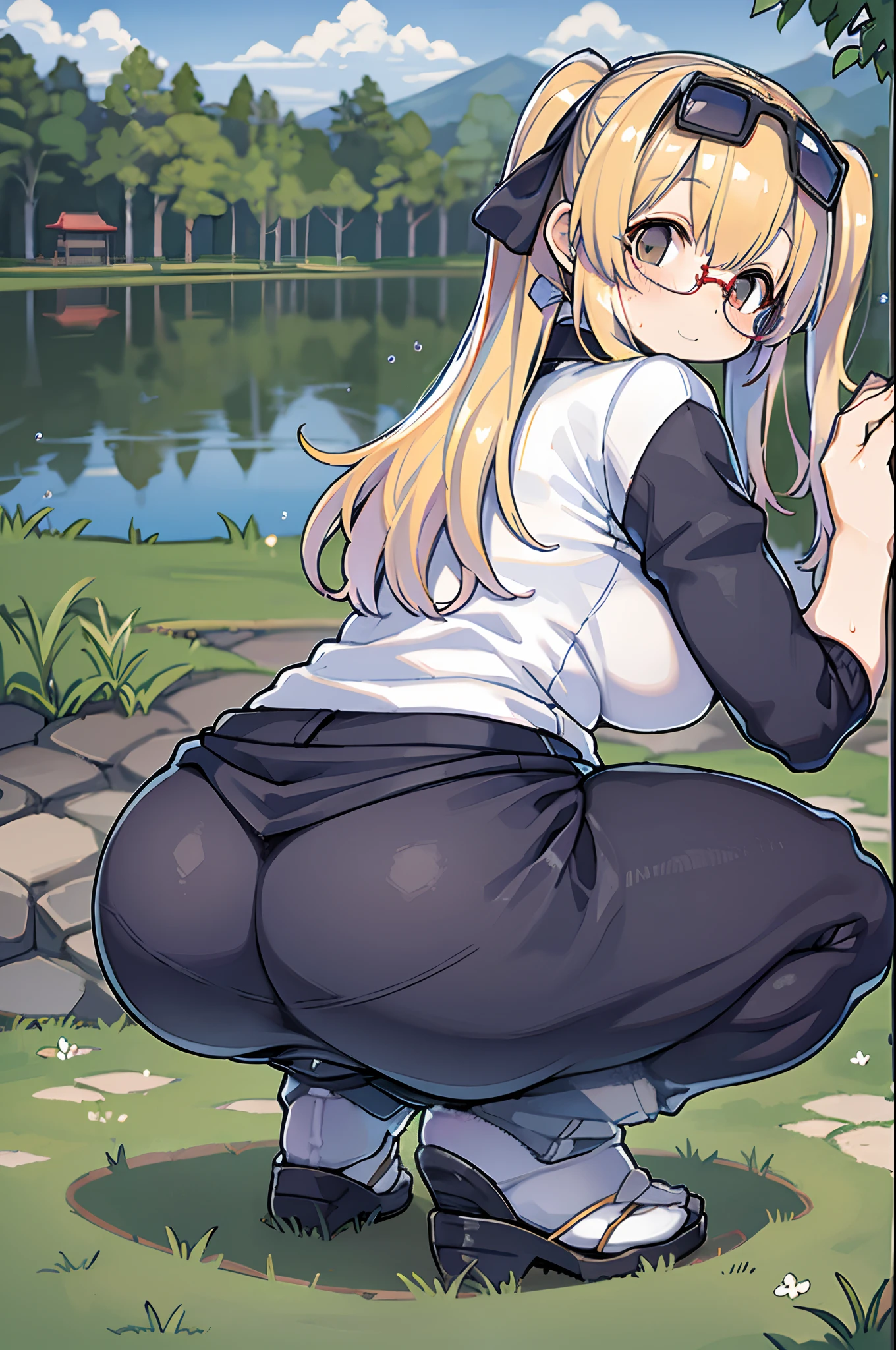Beautiful Japan woman in golf clothes, Real person, Detailed body, Squatting, Live action, Glasses, Skirt flipping, Rear view