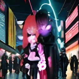 anime characters dressed in costumes hugging in a city at night, beeple and jeremiah ketner, digital cyberpunk anime art, rossdraws and jazza, jazza and rossdraws, anime cyberpunk art, digital cyberpunk - anime art, cyberpunk art style, in cyberpunk style, anime cyberpunk, cyberpunk themed art, cyberpunk anime art, alena aenami and android jones