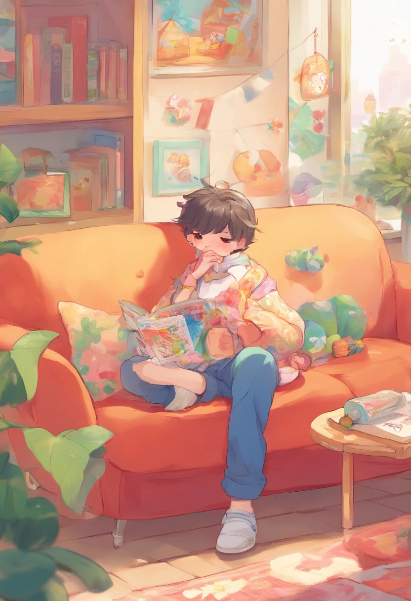 Picture book style、５An old boy is curled up on the sofa with a stomachache