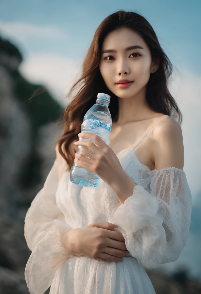 A young and beautiful Japanese girl was holding a bottle of mineral water and leaning against her face in the sky, 20-years-old, looks like Angelababy,enjoying it very much. It was delicious and filmed against a light blue background,photo by Yoshihiko Ueda, in the style of naturalistic poses, vacation dadcore, youthful energy,shot on fujifilm XT4