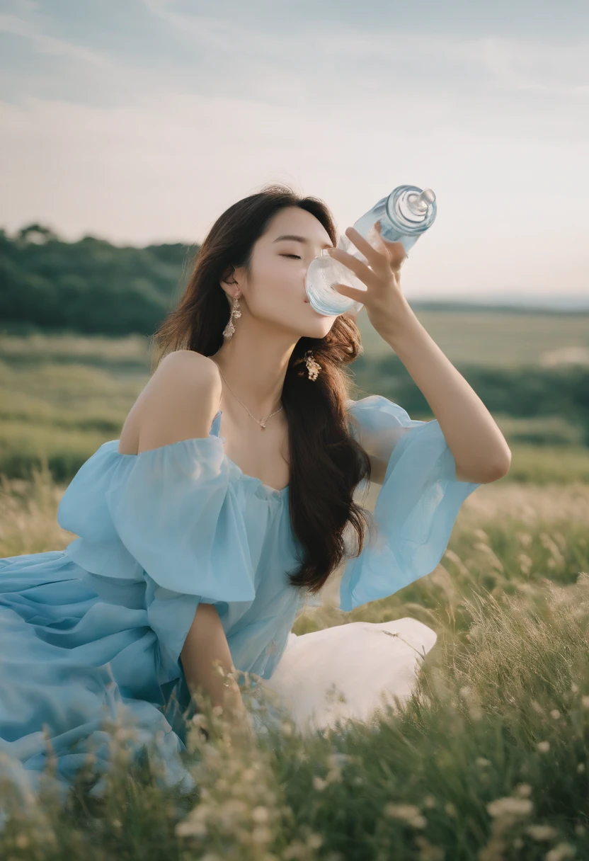 A young and beautiful Japanese girl was holding a bottle of mineral water and leaning against her face in the sky, 20-years-old, looks like Angelababy，enjoying it very much. It was delicious and filmed against a light blue background,photo by Yoshihiko Ueda, in the style of naturalistic poses, vacation dadcore, youthful energy,shot on fujifilm XT4