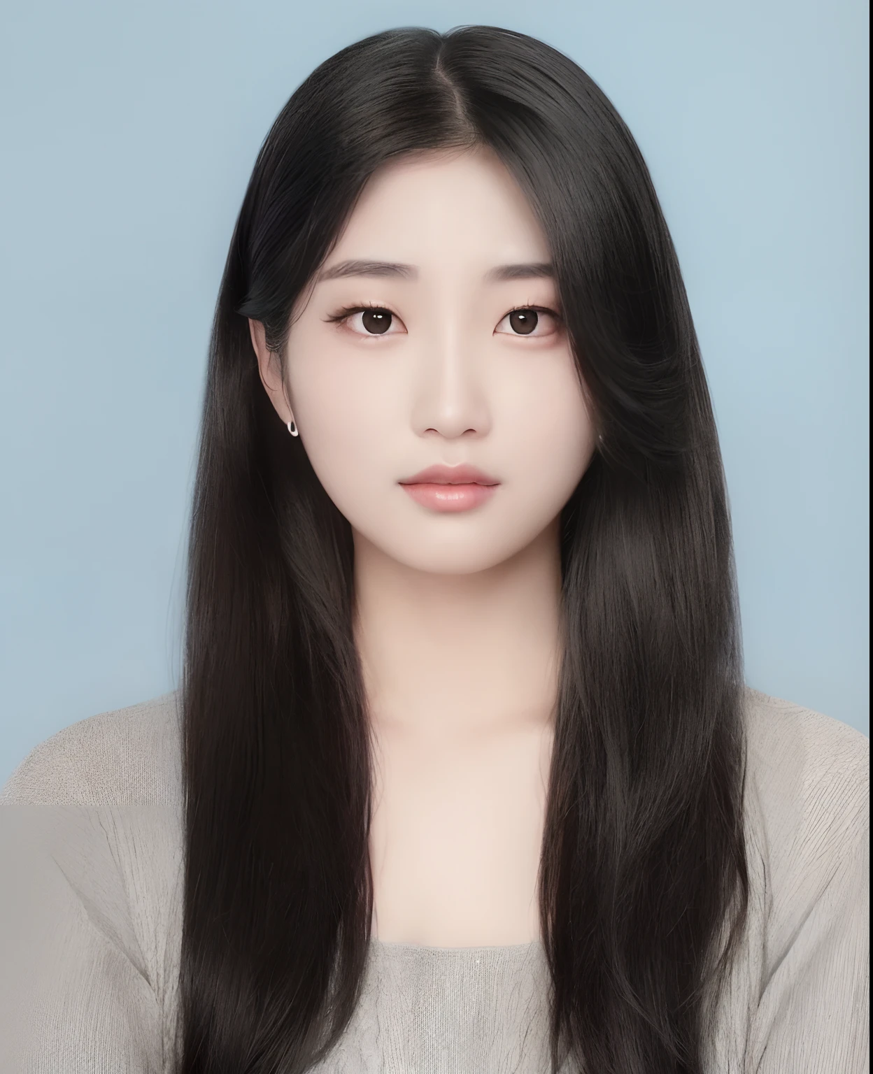 Close-up of a woman with long black hair and a grey shirt, jaeyeon nam, south east asian with round face, korean symmetrical face, jinyoung shin, Izzy-silver(Lee Ji - Eun), young adorable korean face, Lee Ji-eun, headshot profile picture, Korean Girl, young cute wan asian face, heonhwa choe, portrait of female korean idol