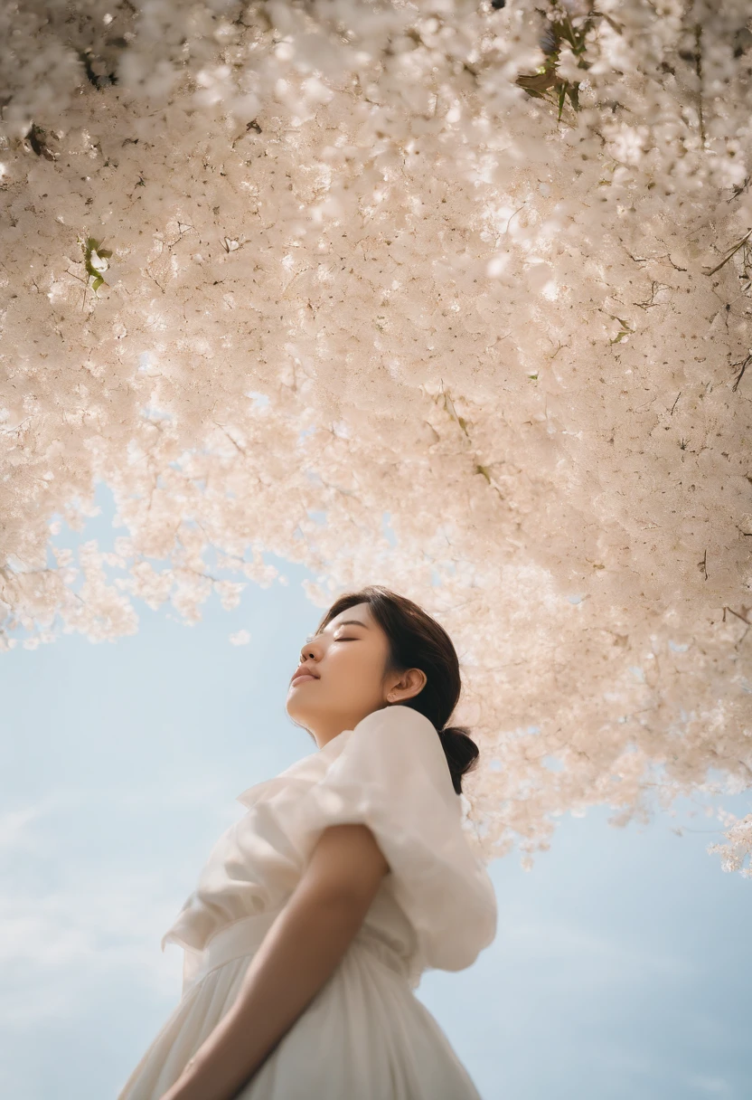 A beautiful Japanese girl looks at the sky, 16 years old,thinking, elegant, smiling, positive, petals falling down,art by Rinko kawauchi,releasing emotions, positive, white tones,in the style of naturalistic poses, vacation dadcore, youthful energy, body extensions, shot on fujifilm XT4