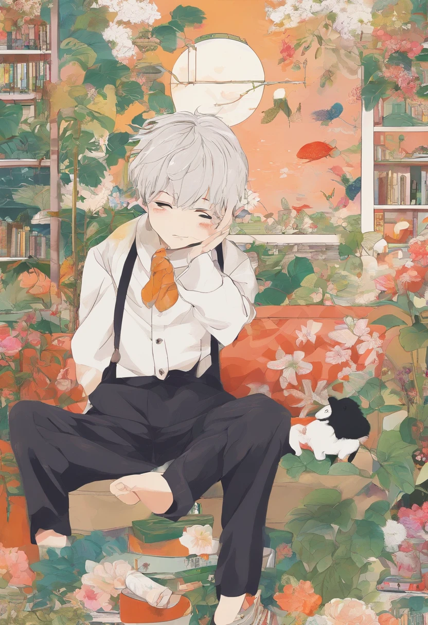 Picture book style、５An old boy is curled up on the sofa with a stomachache