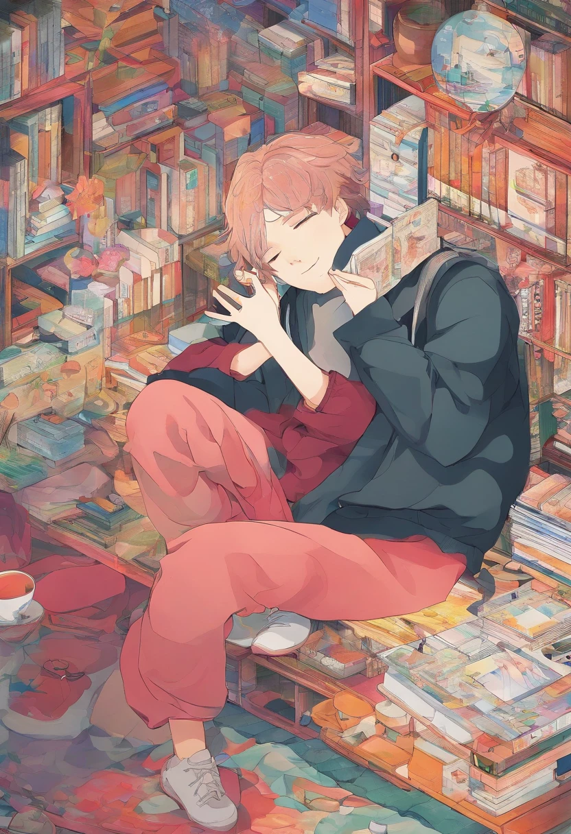 Picture book style、５An old boy is curled up on the sofa with a stomachache